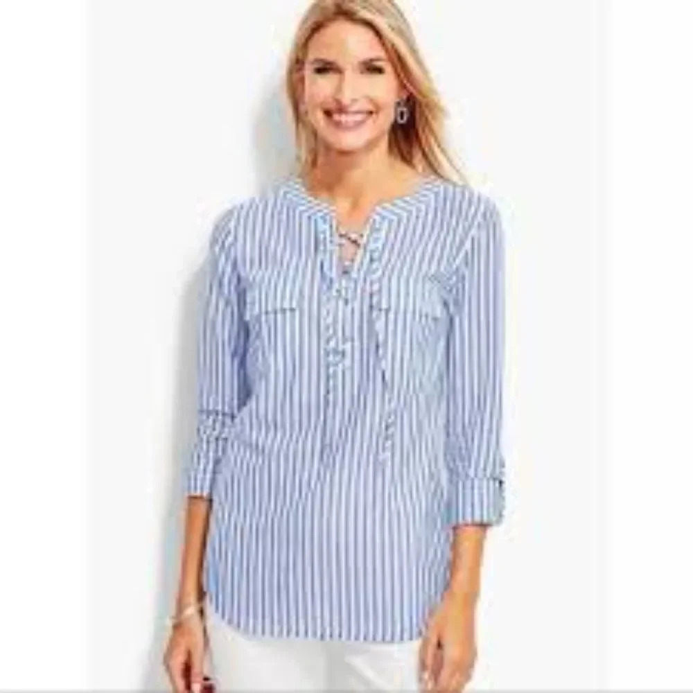 Talbots Blue & White Front Tie Striped Tunic‎ Blouse Top Top Size Small